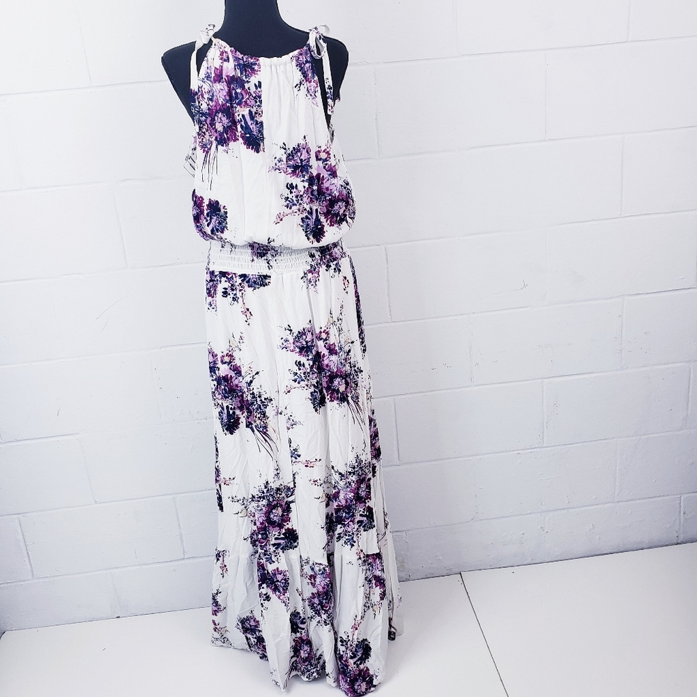 Maurices White and Purple Floral Sleeveless Maxi Dress Size XL Boho